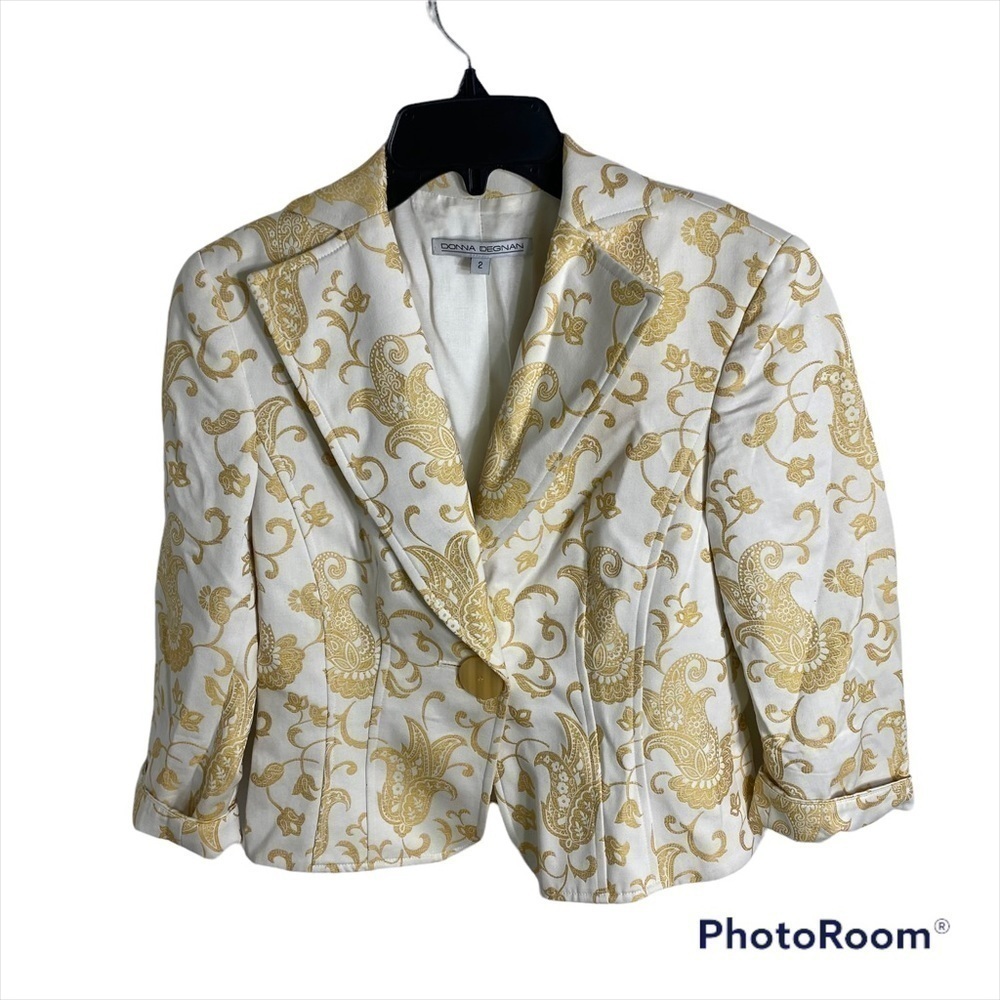 Donna Degnan Gold Paisley Print Jacket Sz 2 White Coat Blazer Women’s